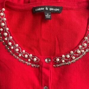 Cable and Gauge Red Medium Embellished Pearl Rhinestone Holiday Festive Cardigan